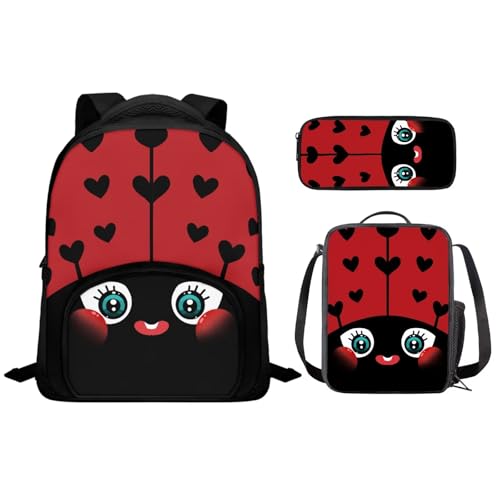 Cute Ladybug Backpack for Girls with Lunchbox Lightweight Toddler Bookbag Set with Pencil Case Casual Daypack Travel Bag 12