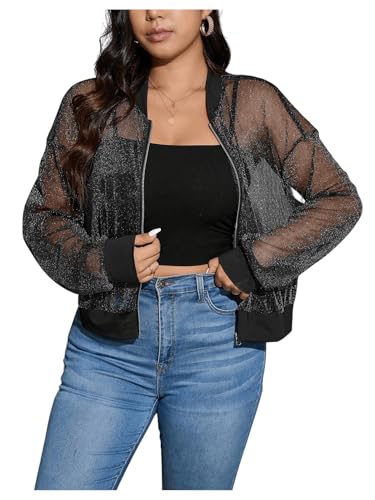 Floerns Women's Plus Size Glitter Long Sleeve Mesh Coats Zip Up Sheer Bomber Jackets