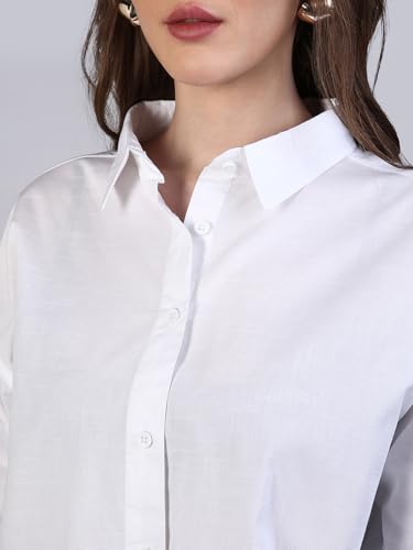 Image of Urbano Fashion Women's Cotton Full Sleeve Oversized Fit Casual Solid Slub Shirt with Spread Collar
