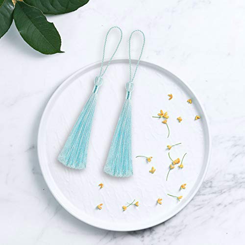 Image of VAPKER 100 Pieces Ice Blue Silky Handmade Soft Tassels 13cm /5-Inch With 2-Inch Cord Loop for Jewelry Making, DIY Projects, Bookmarks