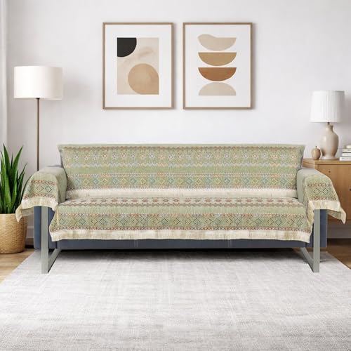 Image of Elegant Woven Green Sofa Cover Soft Chenille Traditional Pattern with Lace Style | L-Shape Sectional Seat Protector for Living Room | Durable & Stylish Slipcover 3 Seater with Arms