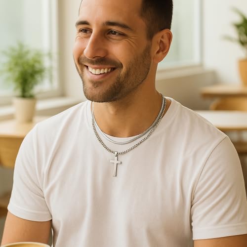 RANKEEF 2Pcs Layered Cross Necklace for Men Stainless Steel Cross Necklace Christian Cross Pendant Hypoallergenic Snake Rope Cuban Link Cross Chain For Men 18-24 Inches2