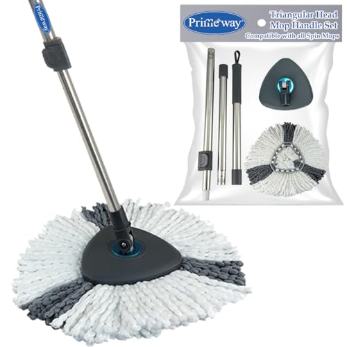 Image of Primeway SS Extendable Heavy Duty Universal Handle Replacement Set | Upgrade Your existing Spin Mop with New Triangular Head and 36cm Microfibre Refill | Compatible with All Spin Mops | 130cm | Grey