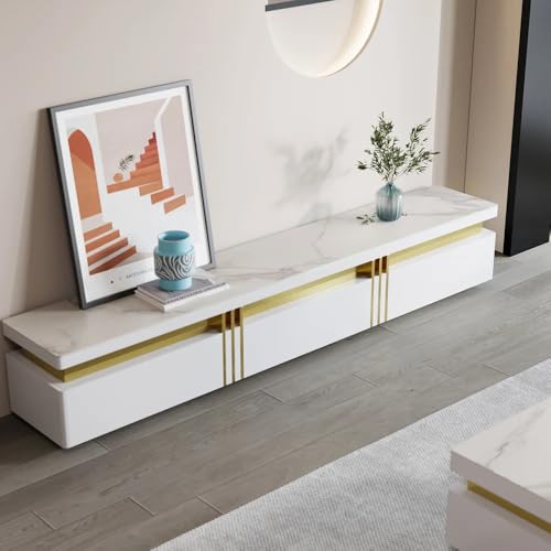 Image of Luxury Joyce Modern TV Unit /Console - 70 inch Naino Compsit Marble Top, 3 Drawer Storage - White & Gold Finish - Scratch Resistant, Waterproof Plywood - Living Room Media Cabinet (White)