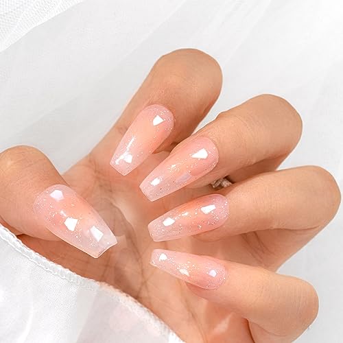 Sethexy Long Coffin Pink False Nails Handmade Rhinestone Blush Gradient Fake Nails Crystal Glitter Press On Nails Glossy Acrylic Salon Quality Nail Art Removable for Women and Girls (V) - Image 2