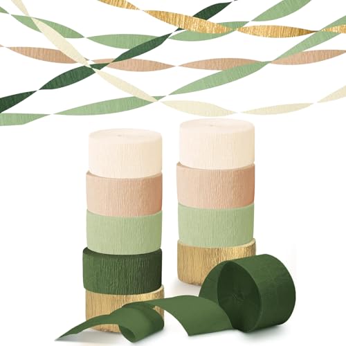 10 Rotoli Stelle Filanti in Carta Crespa 25m x 4,5cm, Verde Oliva, Verde Erba, Kaki, Bianco, Oro, Decorazioni per Feste, Compleanni, Matrimoni, Lauree, Baby Shower