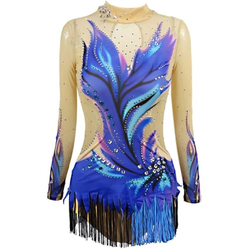 Vestido de patinaje artístico for niñas, trajes de baile de competición elegantes con gradiente de manga larga for mujeres, diamantes de imitación brillantes(XXL)