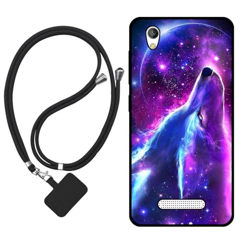 Sunrive Hülle Kompatibel mit ZTE Blade A452 Hülle,matt Handyhülle Schutzhülle Etui Karikatur Muster TPU Backcover (Wolf,Mond,Sterne) +1x Universale Handykette MEHRWEG