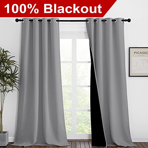 Image of NICETOWN Total Shade Curtains and Draperies, Heavy-Duty Full Light Shading Drapes with Black Liner Backing for Villa /Hall /Dorm Window（Silver Grey, Package of 2 Panels, 46 inches Wide x 90 inches Long