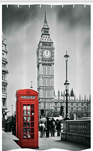 ABAKUHAUS Londres Rideau de Douche Stalle, Téléphone Booth Big Ben, Ensemble de Salle de Bain en Tissu en Crochets, 120 x 180 cm, Gris Rouge
