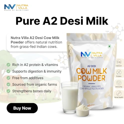 Image of NutraVilla A2 Desi Cow Milk Powder | Organic Grass Fed Whole Milk Powder | No Antibiotics, No Hormones | Rich in Protein & Calcium | Premium Natural Dairy Powder | 200g x 2 Pouches (400g Total)