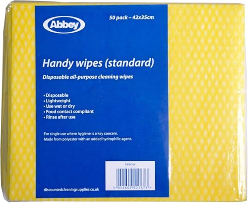 Abbey Chiffons Jetables Jaunes - Paquet de 50 Chiffons Multi-Usages pour Cuisine et Ménage - Non Tissés, Réutilisables et Résistants - Taille 42 x 35 cm