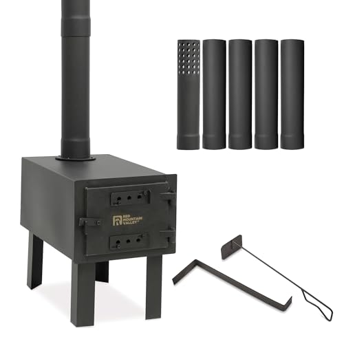 Red Mountain Valley Outdoor Camping Wood Stove, Portable Hot Wood Burning Tent stove with 5-Section Chimney and 2 Dual Rakes, small wood stove, ideal for hunting and camping