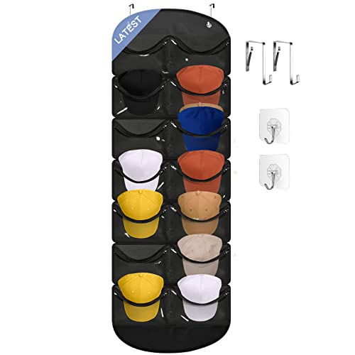 Owkjar 14 Pockets Hat Organizer For Closet, Hat Racks For Baseball Caps, Hat Storage With Clear Deep Pockets, 4 Hooks, Hat Rack Over The Door/Wall For Baseball, Golf, And Sports Caps #TOP6