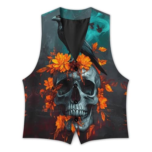 Black Raven On Floral Skull Trendy Vest Suit for Men V Neck Formal Dress Waistcoat Vests Business Slim Fit2