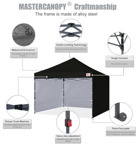Image of MASTERCANOPY Heavy Duty Pop-up Canopy Tent with Sidewalls (10x10,Black)