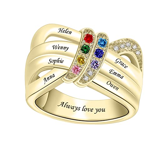Custom Womens Rings With 7 Birthstones Engraved Name Rings For Her Sterling Silver Statement Ring Bow Ring Anniversaries For Wife Mother Day For Mother Mama Grandma Grandmother #TOP1