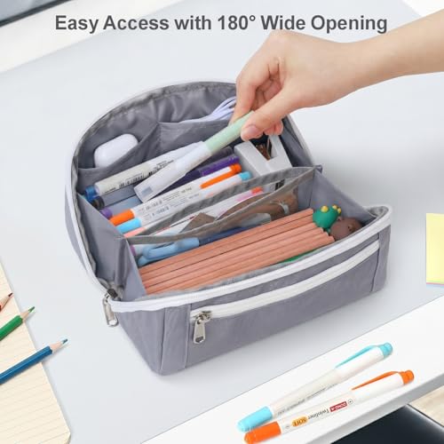Image of Large Pencil Pouch - 8 Compartments, Wide Handle Organizer Bag | Wide Open Pen Bag, Flexible Dividers & Side Pockets, Handle, 900D Fabric, College Supplies for Teens, Black & Grey