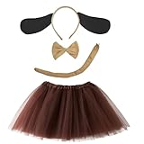 Conjunto de Disfraz para Carnaval Halloween y Fiesta Cosplay de Animales, Diadema de Orejas Pajaritas Cola con Estampado de Animales y Tutu Falda para Chicas y Mujeres, 4pcs (30cm/tutú, Perro)