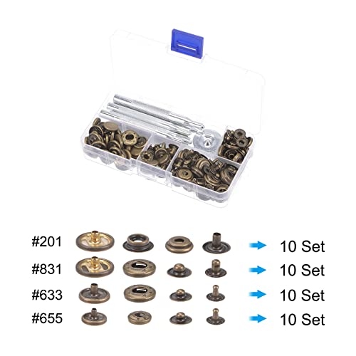 Uxcell 40 Sets Leather Snap Fasteners Kit 4 Types Copper Metal Press Studs Buttons Tool With 9 Setter Tools & Storage Box For Clothing Leather Sewing, Bronze #TOP2