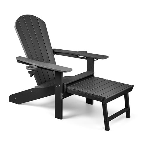 VonHaus Black Adirondack Chair - Reclining Slatted Style Garden Chair with Pull-out Footrest - Durable Weather Resistant HDPE Plastic Outdoor Armchair for Patio & Decking - Westport