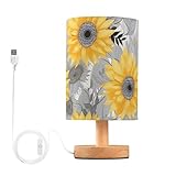 SPRIPORT Sunflowers Yellow Gray Bedside Table Lamp for Bedroom Nightstand Lamp with Wood Base & Round Flaxen Fabric Shade Desk Reading Lamp for Working Reading Dorm Home Office Living Room