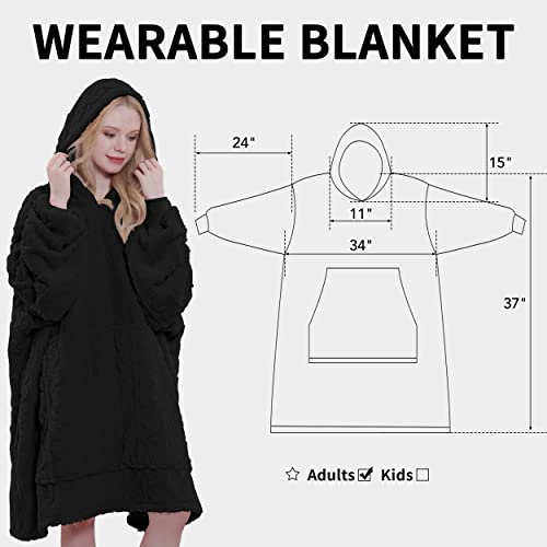 Easy-Going Oversized Wearable Blankets, Cozy And Plush Jacquard Flannel Hoodie Blanket With Front Pocket, Adults, Black #TOP5