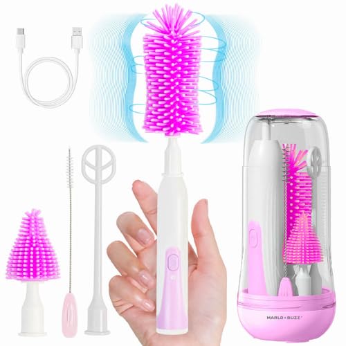 Image of Marlo & Buzz Electric Baby Bottle Brush Silicone Cleaner Set, Rechargeable Waterproof Cleaning Brushes with Large Bottle Brush, Nipple Brush, Straw Brush, Milk Stirrer, Drying Rack (Magenta)