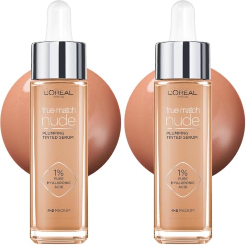 Image of L'Oreal Paris True Match Tinted Serum Foundation, 1% Hyaluronic Acid, Hydrating Formula, Replumps Skin in 1 Hour for a Natural Glowing Finish, 30 ml, Shade 4-5 Medium (Pack of 2)