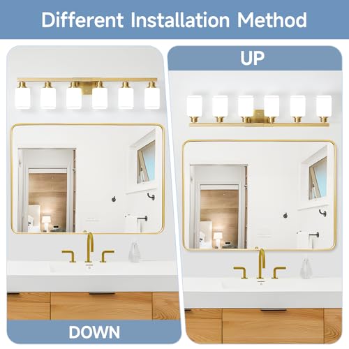 Image of Brushed Gold Bathroom Vanity Light,6-Light Bathroom Light Fixtures with Square Frosted Glass,Gold Bathroom Wall Lamp Sconces for Mirror Bedroom,Living Room Hallway,E26
