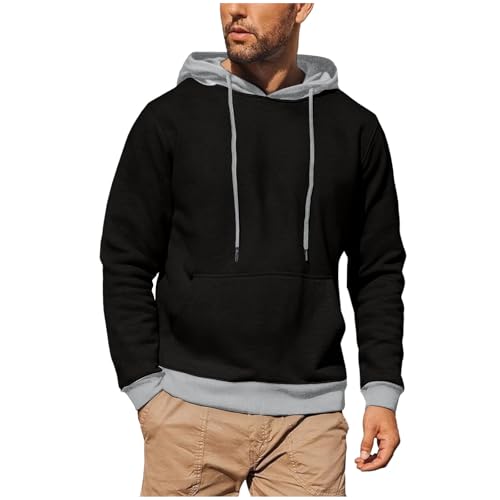 Trendy Color Block Hoodies for Men Fall Winter Warm Long Sleeve Tunic Hooded Sweatshirts Tops with Pocket for Workout