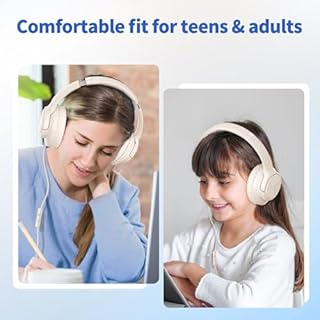 Headphones Wired with Microphone, Over Ear Foldable 3.5mm Plug in Headphones Corded with 4.9ft Tangle-Free Nylon Cord for Girls, Boys, Tablet, Laptop, MP3/4, School, Airplane Travel (Beige)