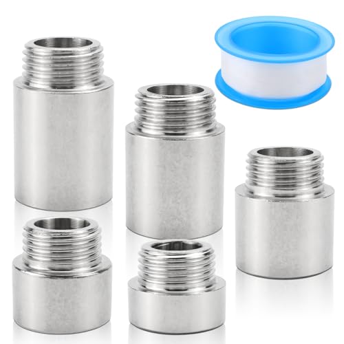 HZOUHONG 5 Stück Hahnverlängerung 1/2 Zoll, Wasserhahnverlängerung 10/15/20/25/30mm, Edelstahl Verlängerung Fitting, Wasseranschluss Verlängerung, Gewindefitting für Wasserhähne Eckventile Duschköpfe