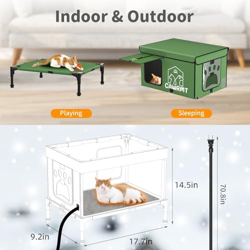 Image of Unbreakable Heated Cat House for Outdoor Cat in Winter, Waterproof & Windproof, Insulated Feral Cat Shelter Kitty Bed with Safety Pet Heating Pad for Outside Stray Cat (Green, 9.2''x17.7''x14.5'')