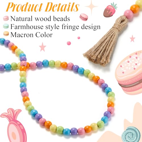 Image of Equsion Wooden Bead Garland with Tassels, Extra Long Fireplace Wood Bead Garlands Rustic Farmhouse Vintage Boho Beads Garland for Party Home Decor Tiered Tray Decorative Beads(Ice Cream Color)