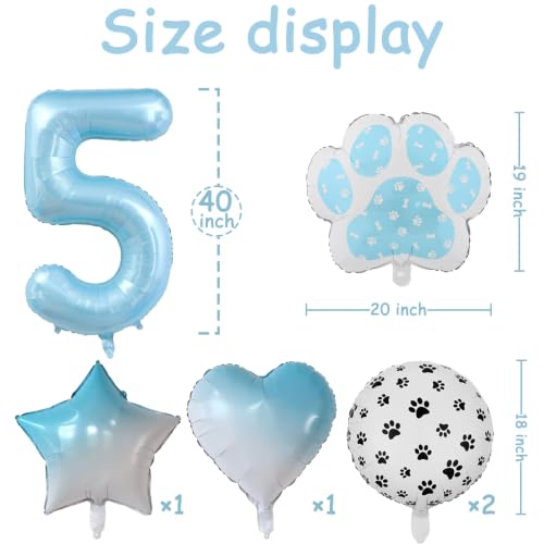 Image of 40 Inch Light Blue Paw Print Number 5 Foil Balloon Dog Cat Themed Set