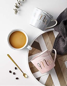 Set of 2 Mr and Mrs Couples Coffee Mug Set- Bridal Shower Engagement Wedding Anniversary Valentines,Best Gifts for Christmas and All Holiday,Pink and Gray