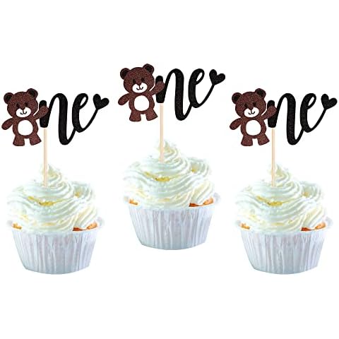 SYKYCTCY 24 Pack Bear One Cupcake Toppers Glitter Teddy Bear Baby Cupcake Picks Baby Shower Cupcake Decorations Kids One Birthday for Baby Shower Gender Reveal Birthday Party Decorations Supplies Cover