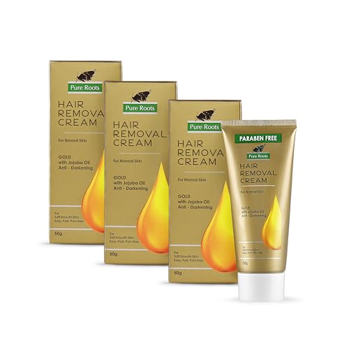 Image of Pure Roots Gold Hair Removal Cream 50g (Pack of 3) Gentle formula Enriched with Jojoba Oil, Painless, Easy and Effective Hair Removal Cream for Women and Men - 150g