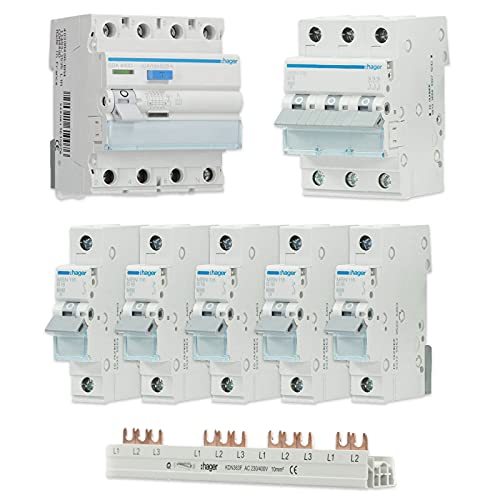 Hager Set 1x FI CDA440D 40a 0 03 + 1x LS-Schalter 3-polig MBN316 + 5x LS-Schalter 1-polig MBN116 + 1x Phasenschiene 3-polig KDN363F