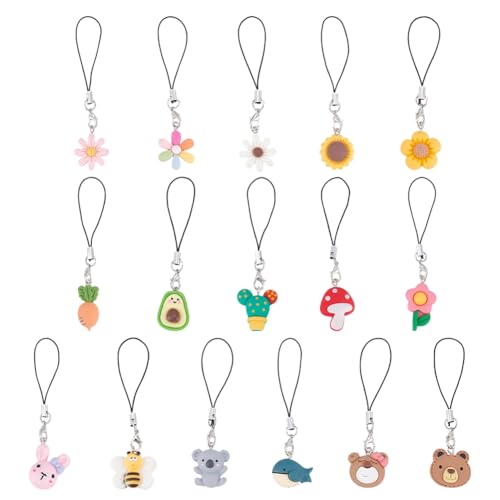 HOBBIESAY 16 Styles Mignon Résine Téléphone Breloques Sangle 8.5-9cm Ours Lapin Koala Champignon Abeille Fleur Téléphone Pendentifs pour Porte Clés...