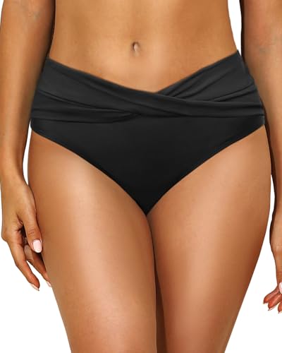 Tempt Me Women Mid Waist Bikini Bottoms - V Cut Bathing Suit Bottoms Twist Front Swimsuit Bottoms Ruched Swimwear 20254