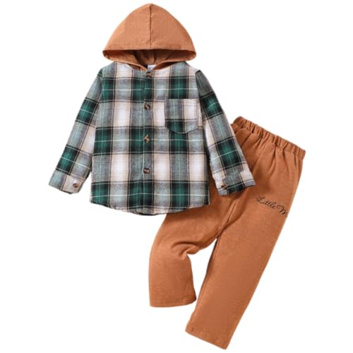 Image of OLMRJKD Toddler Baby Boy Clothes Plaid Long Sleeve Hoodie Sweatshirt + Pants 2pcs Boys Outfit Set