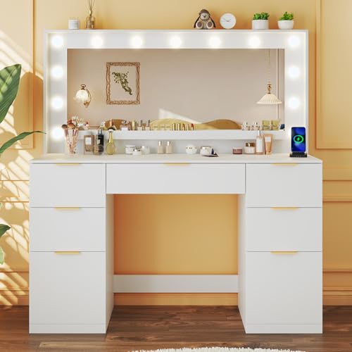 Image of HUAHUU Vanity Desk with Mirror and Lights, 45.3in Makeup Vanity with 7 Drawers & Large Mirror, White Vanity with 3-Color Adjustable Lighting & Power Outlet, Vanity Desk for Bedroom