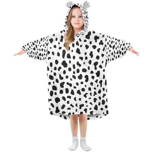Black White Dalmatian Dog Print Wearable Blanket Hoodie Kids Oversized Flannel Blanket Sweatshirt with Large Pocket, Boy Girl Gift M
