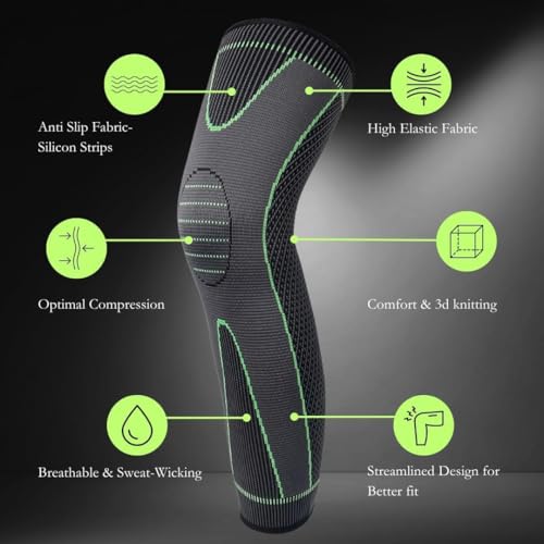 Image of 3D Fitness Compression Long Knee Brace and Nylon Anti Slip Calf Support Sleeve for men and women Knee Support Pain Relief Socks For Full Leg Knee Support (Pack of 2, Green, M)