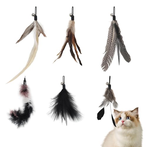 NEKOFUKU ねこじゃらし 羽根おもちゃ 6個付き 耐久性 猫じゃれつき用 天然羽根 無着色 交換可能 猫の運動不足解消 ストレス発散 室内遊び 大型猫も安心 猫じゃらし6黒い交換用