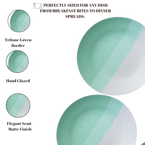 Image of Freakway Set of 2 Modern Ceramic Dinner Plates - 7.3'' Speckled Stoneware Plates with Half Mint Green & White Design /Microwave & Dishwasher Safe