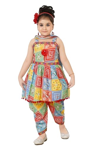 Image of Colourful Ethnic Printed Dress, Dhoti Pant & Dupatta Set for Girls