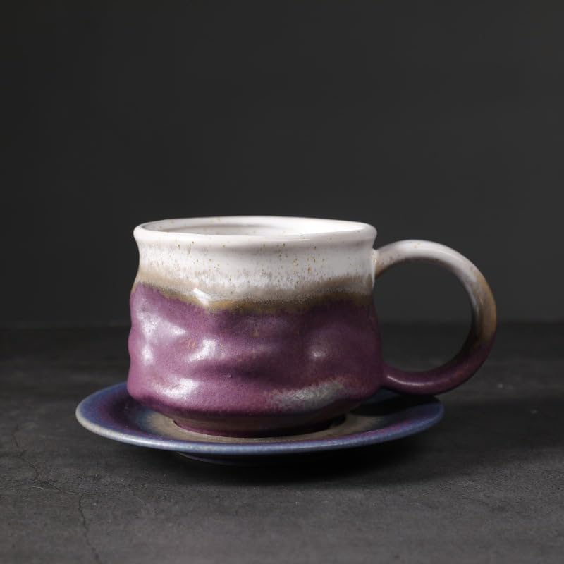 Handmade Irregular Gradient Purple Ceramic Coffee Mug with Saucer, Kiln Glaze Wabi Sabi Latte Tea Cup Set, set of 1, 240ml (YIXINGHUFU01)